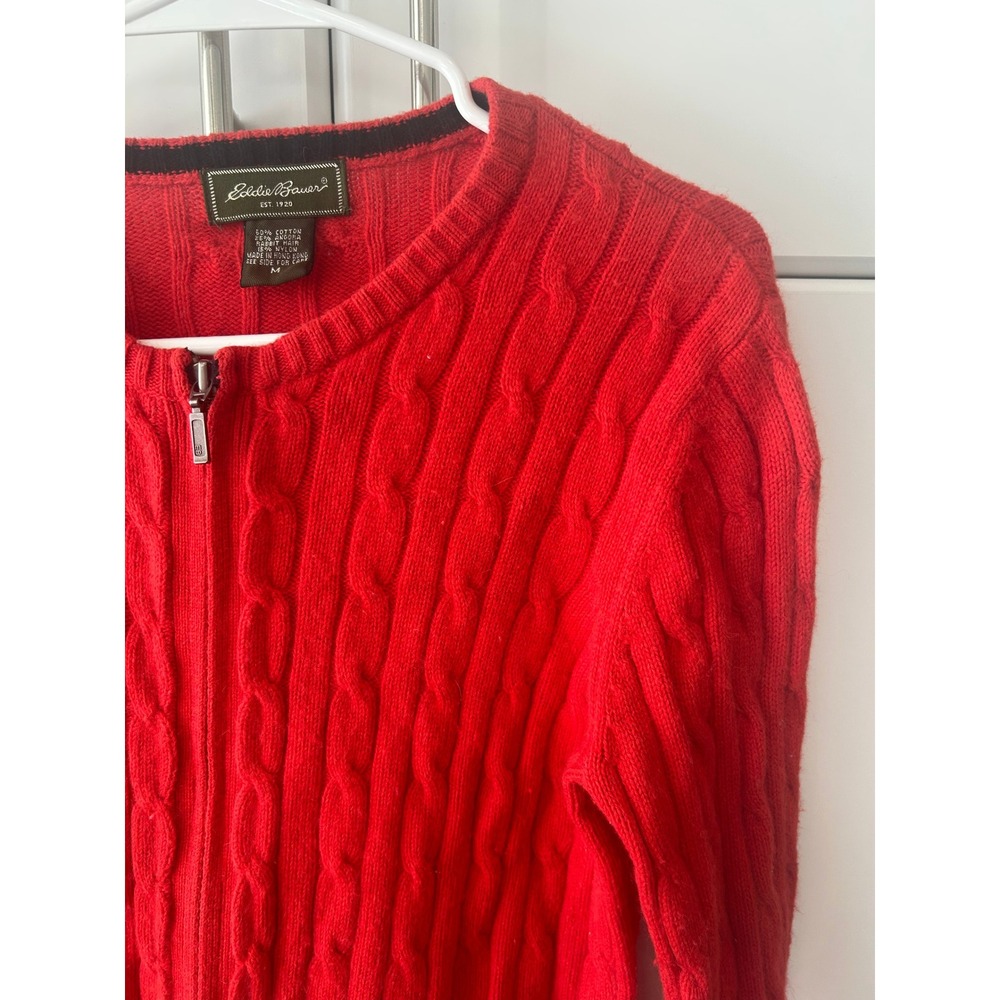 Eddie Bauer Red Cable Knit Full Zip Angora Blend Cardigan Sweater Womens Medium - Picture 6 of 15